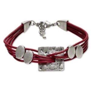 Modernist Red Leather Antiqued Silver Pewter Geometric Adjustable Bracelet